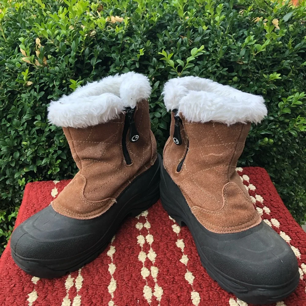 Champion THERMOLITE BROWN LEATHER SUEDE FAUX FUR ACCENT ZIPPER SNOW BOOTS SIZE 8